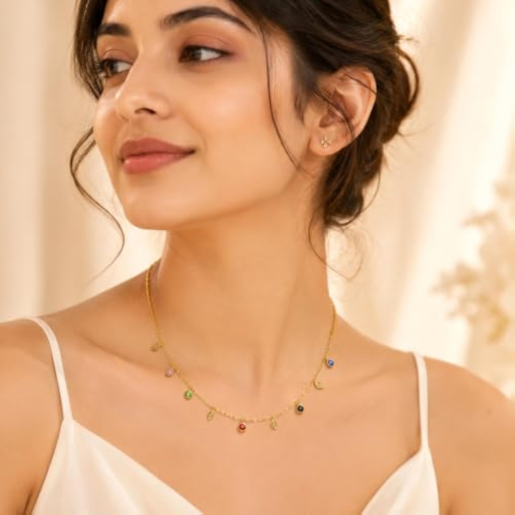 Women's 18K Gold Plated Leaf & Crystal Charm Necklace